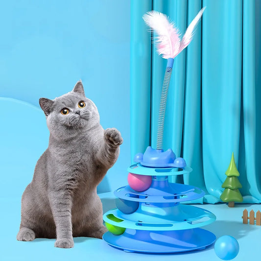 4-layer feather turntable interactive cat toy with ball and stick